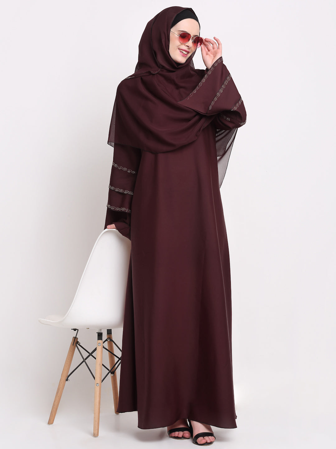 Klotthe Women Burgundy Embellished Burqa With Scarves