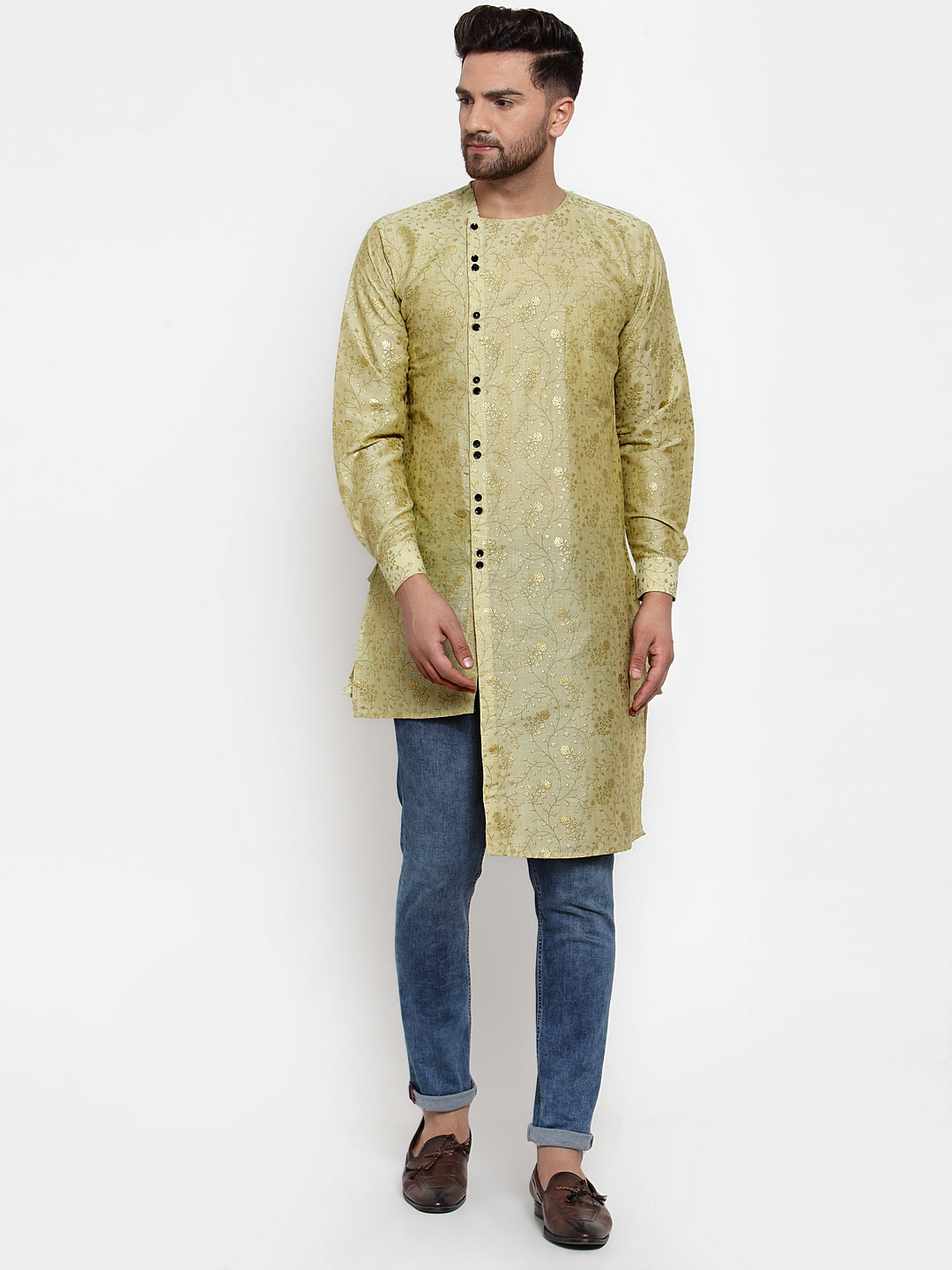 Klotthe Green Round Neck Embellished Cotton Silk Kurta
