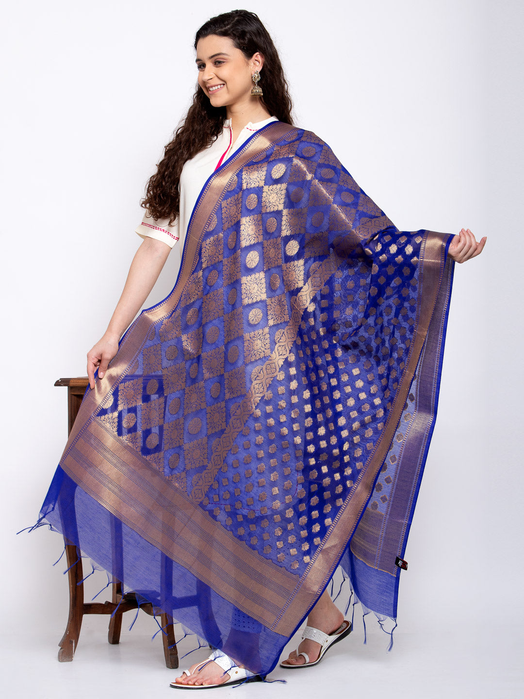 KLOTTHE Blue Silk Blend Paisley Dupatta (230 cmX90 cm)