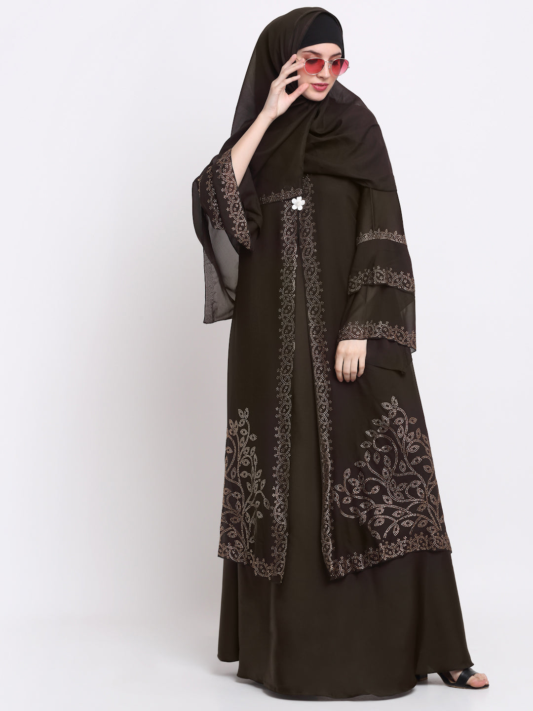 Klotthe Women Brown Embellished Burqa With Scarves