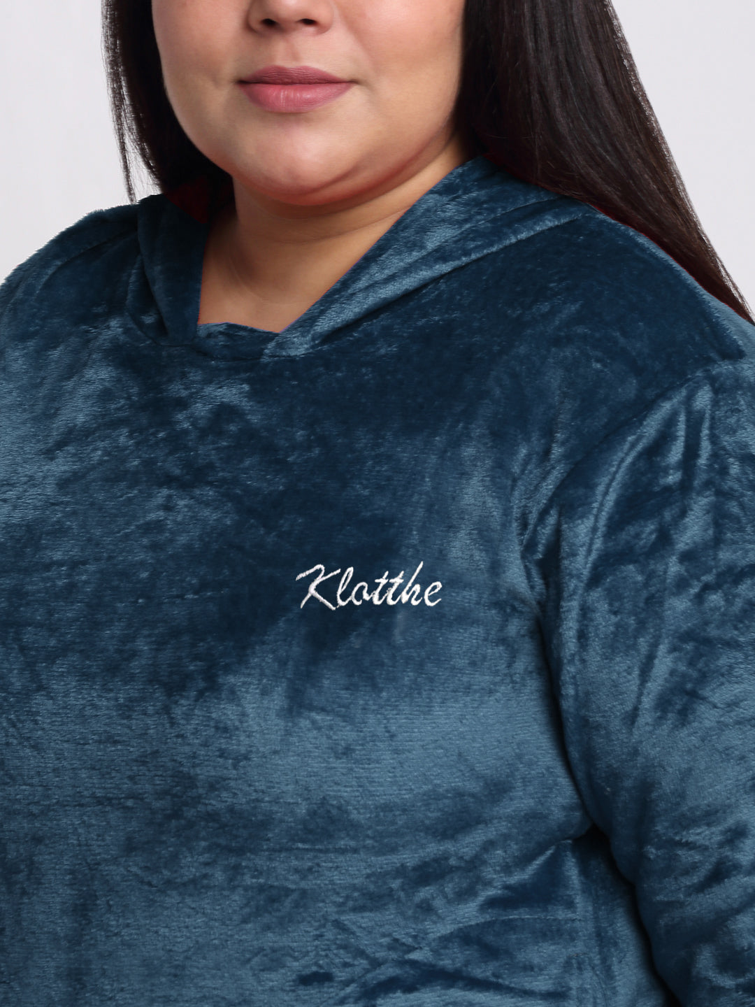 Klotthe Women Turquoise Solid Wool Blend Hooded Night Suit