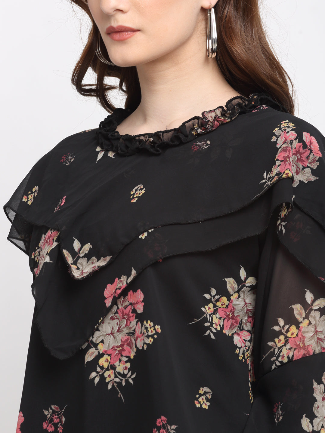 Klotthe Women Black Floral Georgette Top