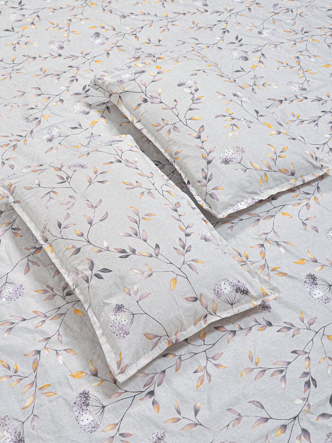 Grey Floral 300 TC Cotton Blend Fitted Double Bedsheet with 2 Pillow Covers