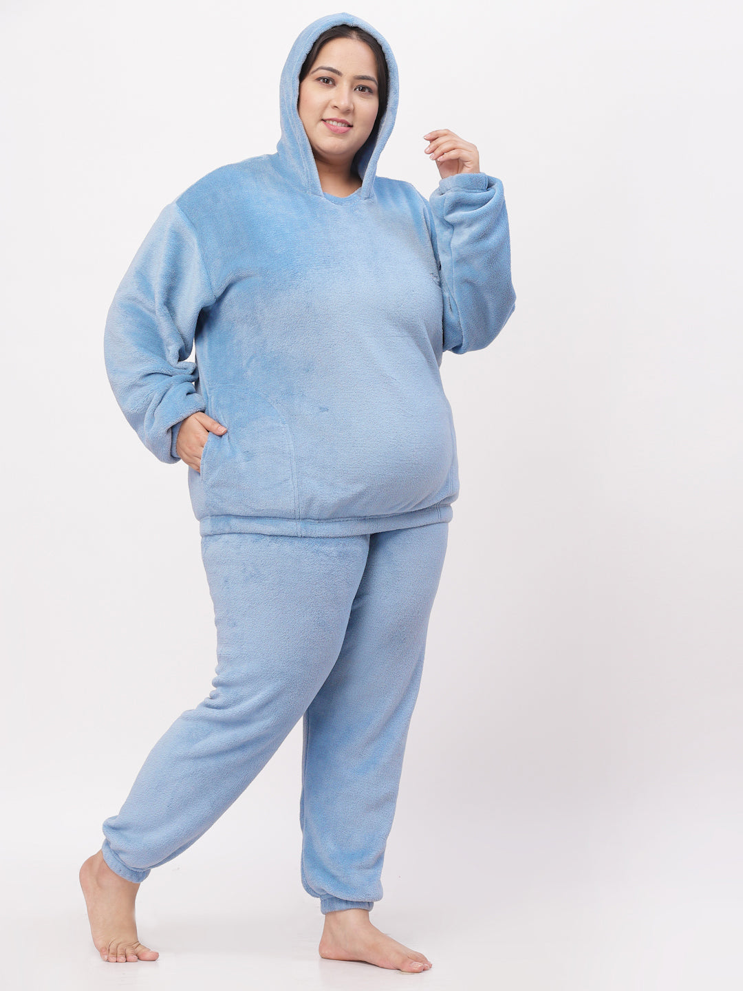 Klotthe Women Blue Wool Blend Solid Hudi Night Suit
