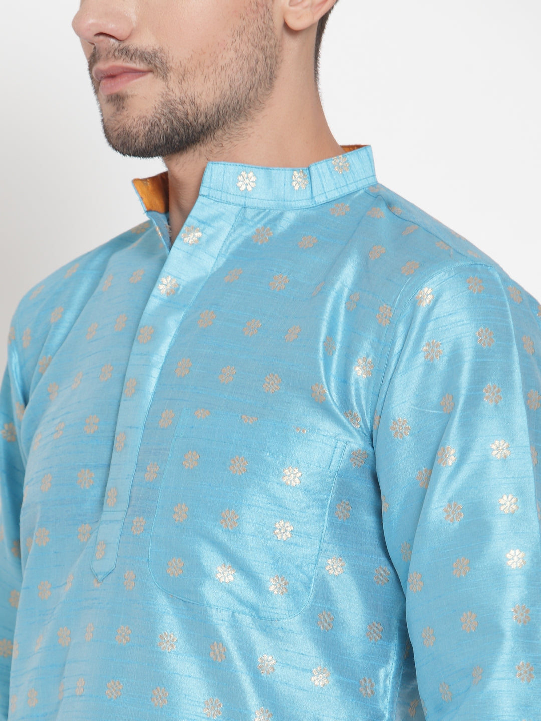 Blue Cotton Silk Floral Party Kurtas