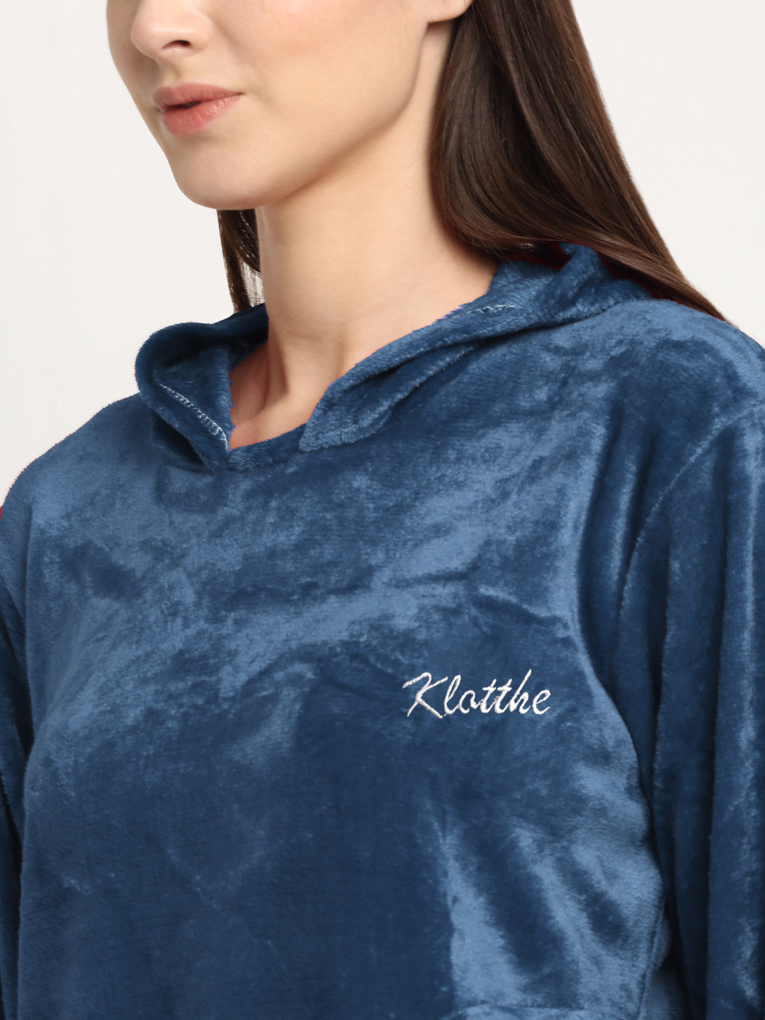 Klotthe Women Turquoise Solid Wool Blend Hooded Night Suit