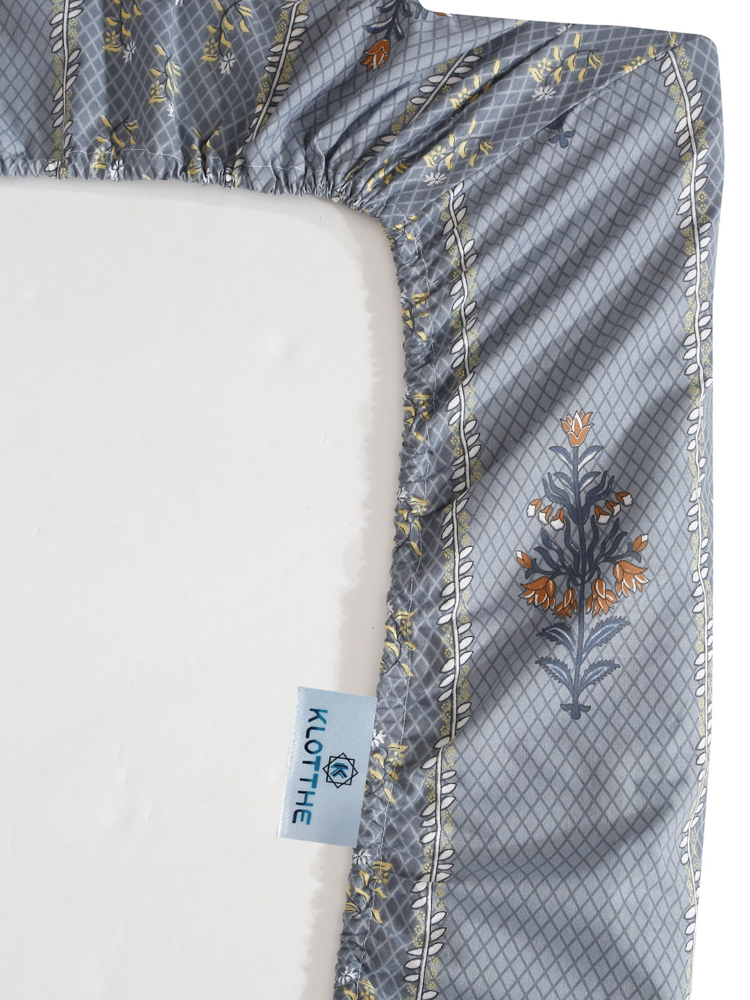 Klotthe Grey Floral 400 TC Pure Cotton Fitted Super King Double Bedsheet with 2 Pillow covers
