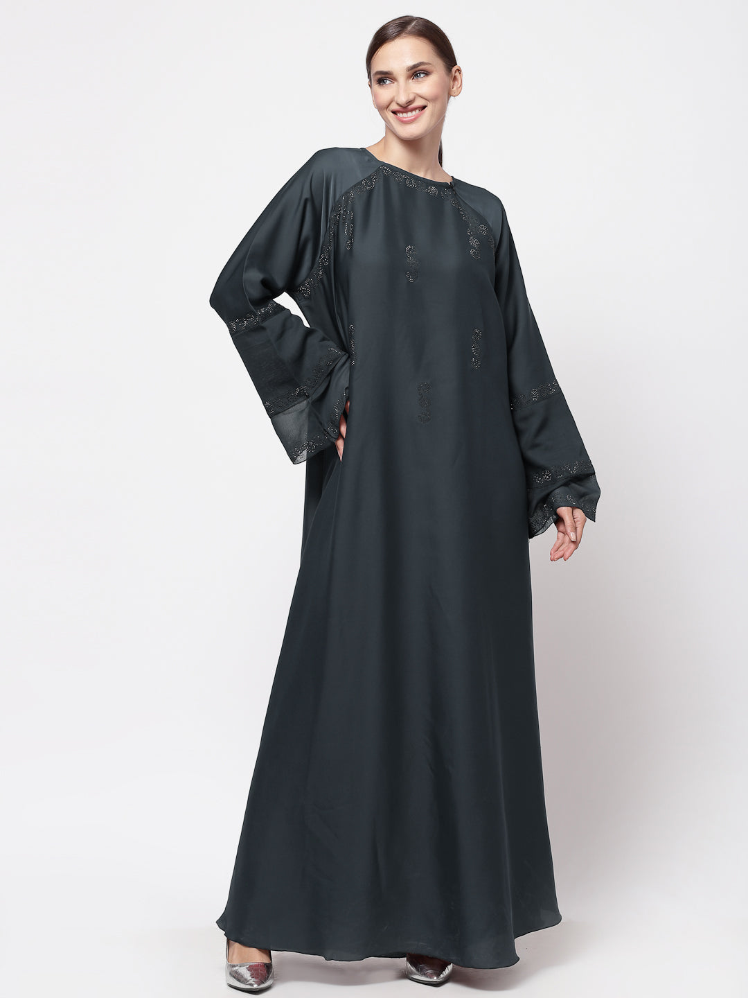 Klotthe Women Grey Embellished Burqa With Scarves