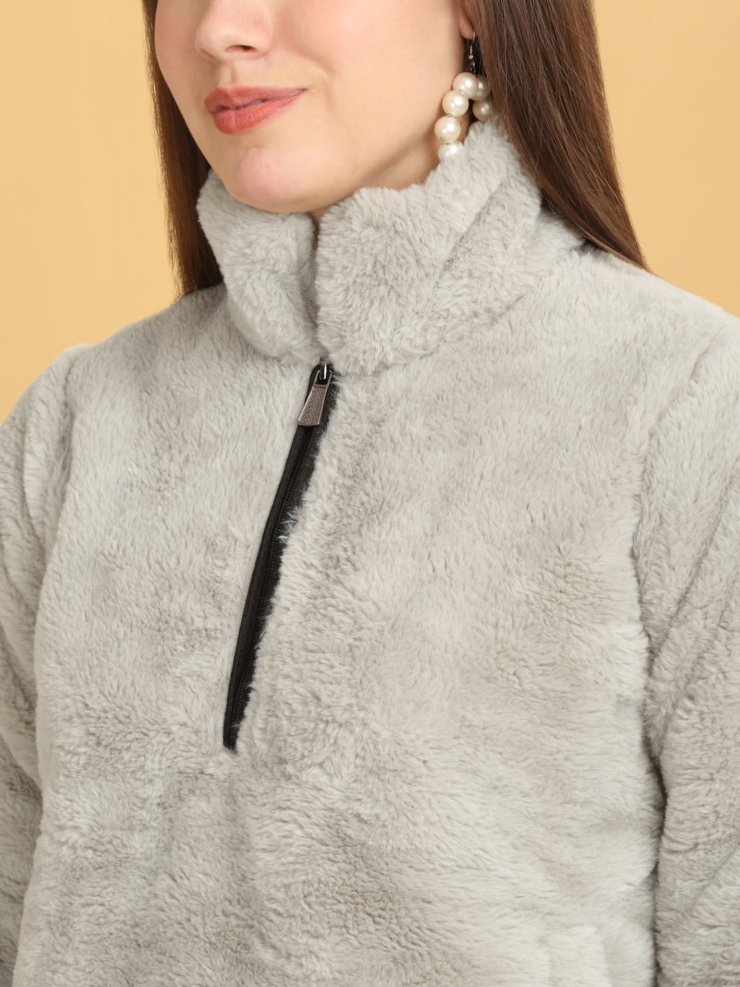 Klotthe Women Beige Solid Woolen Fur Winter Jacket