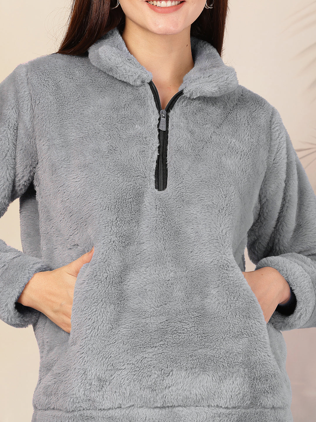 Klotthe Women Grey Solid Woolen Fur Winter Jacket